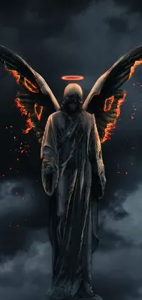 This phone live wallpaper features a fiery statue of an angel, digitally created with striking detail and intense movement