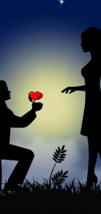 This live wallpaper features a romantic scene of a man kneeling next to a woman, holding a heart and a picture