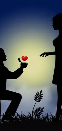 This live phone wallpaper depicts a romantic moment with a man kneeling next to a woman, holding a heart and a picture