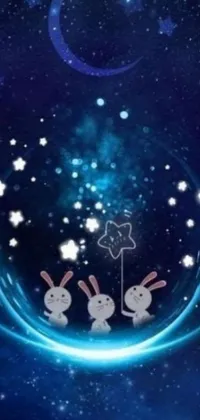 This phone live wallpaper features two adorable rabbits sitting on a star-studded night sky