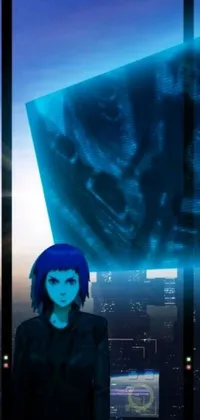 This phone live wallpaper showcases a striking blue-haired woman in a futuristic outfit, standing before a window