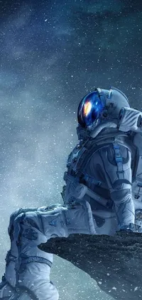 This space-inspired phone live wallpaper depicts a solitary astronaut sitting meditatively on a craggy peak with a surreal galaxy reflected on his helmet