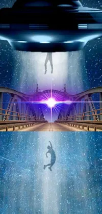 This phone live wallpaper features an exciting depiction of a man soaring through the air over a bridge in a multiverse-inspired hologram display