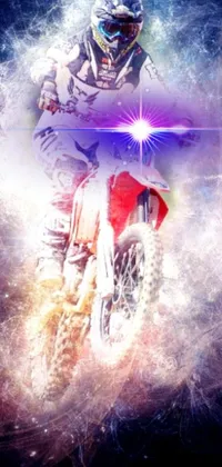 This phone live wallpaper showcases a dirt bike rider in a holographic stance