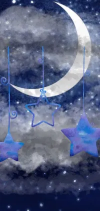 "Star and Moon Watercolor Phone Live Wallpaper - A dreamy and ethereal live wallpaper for your phone featuring two stars on a string gently swaying and twinkling, cast against an oversaturated watercolor painting with the moon illuminating the scenery