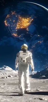 Looking for a striking live wallpaper for your phone? Look no further than this captivating astronaut walking on the moon, with the earth in the background