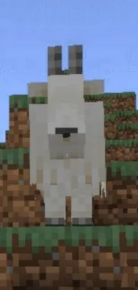 Enjoy this playful and charming live wallpaper for your phone! This digital artwork features a white goat standing on top of a Minecraft-inspired hill, depicted in pixel art