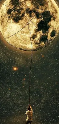 This unique phone live wallpaper showcases a stunning scene of a kite flying against a full moon, set against a beautiful space-themed background