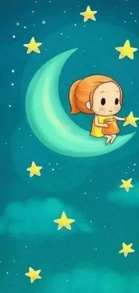 This live wallpaper features a delightful image of a young girl seated atop a crescent moon, set against a starry night sky