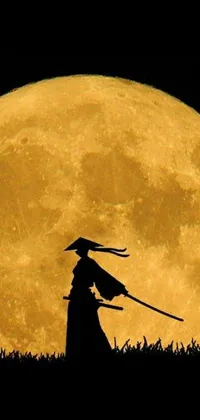 Looking for a unique phone live wallpaper that will add an element of fantasy to your device? Check out this stunning design featuring a silhouette holding a sword in front of a full moon