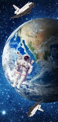 Enjoy a captivating and surreal live wallpaper of an astronaut floating over planet earth with distant space shuttles in a whimsy art scene