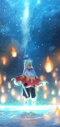 This live wallpaper design features a captivating scene of a girl standing in water with a fiery background and shining stars