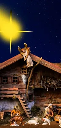 This phone live wallpaper features a digital nativity scene depicting the birth of Jesus
