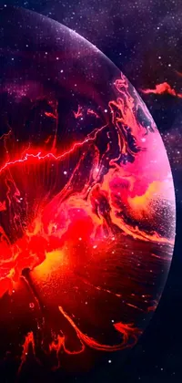 Enjoy a stunning phone live wallpaper featuring a close up view of a planet in the midst of a cosmic storm, surrounded by a mesmerizing red nebula
