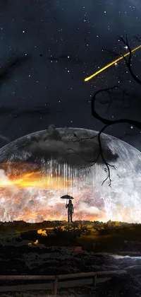 This phone live wallpaper showcases a surreal scene depicting a man facing a giant moon