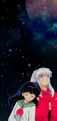 This anime couple live wallpaper features two animated characters sitting together in front of a colorful galaxy background