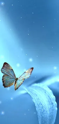 This mobile live wallpaper features a serene blue atmosphere with a soft light, showcasing a butterfly on a green leaf