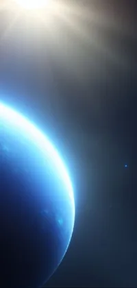 This phone live wallpaper features a blue planet in space illuminated by the bright rays of the sun