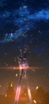 This live wallpaper features a stunning conceptual art of a man riding a skateboard on top of a vertical metal pole with twinkling distant stars in the background