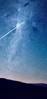 This captivating phone live wallpaper features a plane gliding gracefully across a serene blue sky in front of a breathtaking space art image of the Perseides meteor shower