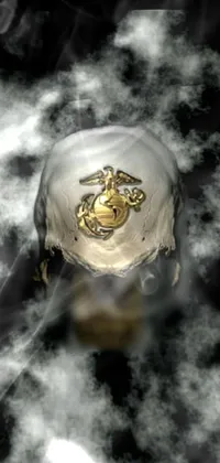 Add a daring touch to your phone with this stunning live wallpaper: a skull in the clouds with a US Marine emblem on it, set against a mesmerizing liquid gold background