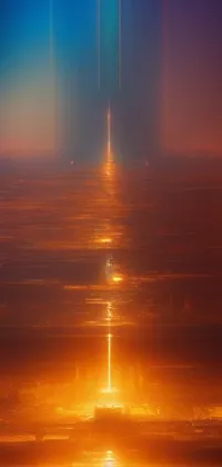 This live wallpaper depicts a serene body of water at night with a shining golden city skyline, a plane traveling through it, and mysterious orange fog