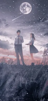 Looking for a beautiful and serene anime-inspired live wallpaper for your phone? Check out this trending pixiv fan-art of friends standing on a grass-covered field! With soft lighting that illuminates the scene, the wallpaper depicts a couple of people enjoying the outdoors in all seasons
