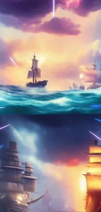 This phone live wallpaper features two ships floating calmly on a gentle body of water surrounded by a gradient-filled sky