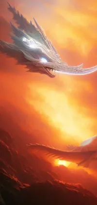 This live wallpaper showcases a fantasy-inspired artwork of a bird soaring gracefully over a peaceful body of water during sunset