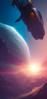 This phone live wallpaper showcases a majestic scene of a spaceship soaring over a stunning planet with a sunset horizon