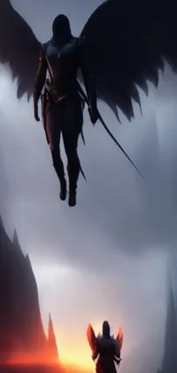 This live wallpaper depicts a majestic angel standing atop a mountain, with a man gazing out over the landscape beside him