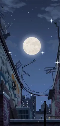 This phone live wallpaper displays a stunning digital art cityscape at night with a full moon in the sky