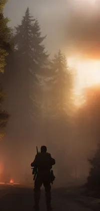 This animated phone wallpaper features a man riding a motorcycle through a forest fire