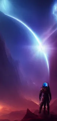 This live wallpaper depicts an astronaut in a space suit standing on a mountain, with a beautiful space landscape in the background