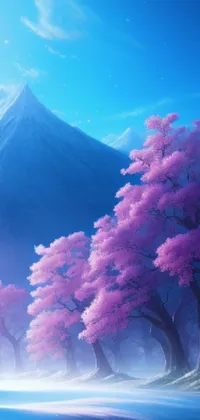 This stunning phone live wallpaper showcases a beautiful painting of pink trees in front of a majestic mountain, inspired by Japanese nature