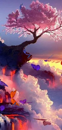 This phone live wallpaper features a breathtaking tree growing out of lava, set against a stunning pink cloud backdrop