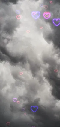This live wallpaper features a collection of hearts floating in a dark, stormy sky