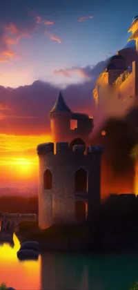 This phone live wallpaper showcases a grandiose castle setting, perched atop a vibrant, green hillside