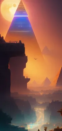 This live wallpaper depicts a stunning scene of an ancient Egyptian city with a majestic pyramid in the background