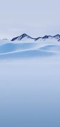 This live phone wallpaper features a minimalist painting of skiers on top of a snow-covered slope in the Antarctic mountains