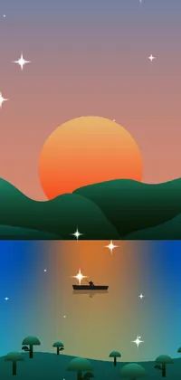This sunset-inspired live wallpaper for your phone showcases a serene digitally-painted boat floating gently on calm waters