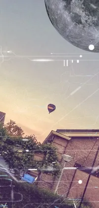 This live wallpaper showcases a hot air balloon flying over a building in a stunning sun-faded image capturing the essence of a summer evening