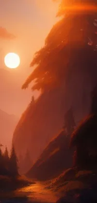 This mobile live wallpaper depicts a stunning sunset in the mountains with warm orange fog and starry skies