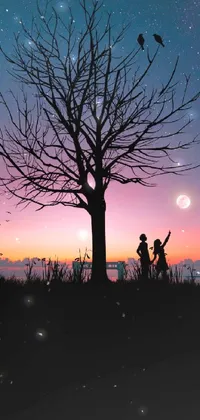 This phone live wallpaper features a stunningly crafted image of a couple next to a tree in a tranquil and serene setting, embraced by the moon and stars
