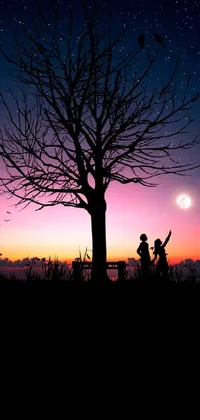 This live wallpaper features a romantic scene of a couple standing by a tree, set against a colorful amoled background