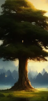 This live wallpaper showcases a stunning concept art of a large pine tree standing on a green field