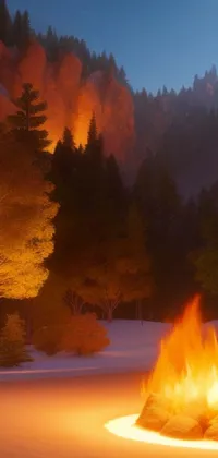 This phone live wallpaper features a fire pit in a snowy field, with warm orange lighting and shadows of trees