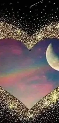 This stunning phone live wallpaper showcases a heart with a crescent moon in the middle, surrounded by glittery accents and moonbeams, sourced from tumblr