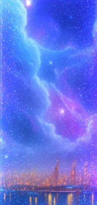 Transform your phone with this stunning live wallpaper, featuring a realistic large body of water with a distant cityscape viewed against a colorful and mystical nebula backdrop
