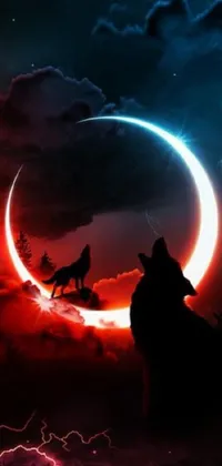 Looking for a striking live wallpaper for your phone? Check out this epic wolf howling at the moon with lightning in the background! The highly detailed illustration features the wolf standing on a rocky outcropping and howling at the full moon surrounded by a crimson halo